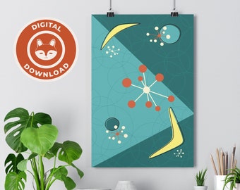 Atomic Age 1960s Mid Century Modern Poster Set | Digital Download | Printable Wall Decor | Abstract Geometric Pattern Design | Space Age