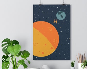Minimalist Space Poster: Mid-Century Modern Inspired Art, Featuring ISS, Earth, and Moon