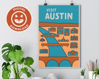 Austin Texas Hipster Town Minimalist Travel Poster | Digital Download | Mid Century Modern Design | Keep Austin Weird | Printable Wall Art