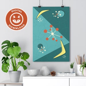 Puede incluir: Impresión de arte moderno de mediados de siglo con un boomerang amarillo, estrellas rojas y blancas y círculos azules sobre un fondo azul verdoso.