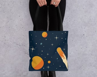 Minimalist Space Themed Tote Bag: Mid-Century Modern Reusable Bag