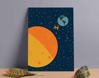 Minimalist Space Print: Earth, Moon & ISS - Mid-Century Modern PVC Foam Board