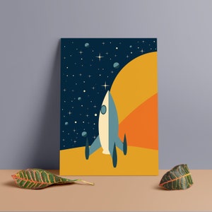 Póster minimalista del espacio exterior / Impresión ligera en tablero de espuma de PVC / Decoración de inspiración vintage / Cohete espacial / Arte abstracto / MCM / 20x28 / 24x36