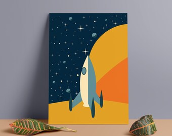Minimalist Rocket Ship Print: Vintage MCM Space Art Foam Board Print