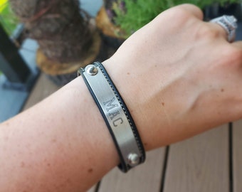 Leather Bracelet with Name Plate, Custom Engraved, Made to Order