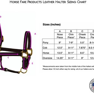 May include: A brown leather halter with gold fittings. The halter is labelled with measurements for different horse sizes: Pony, Cob, Horse, and Oversize. The measurements are in inches. The halter is made in the USA.