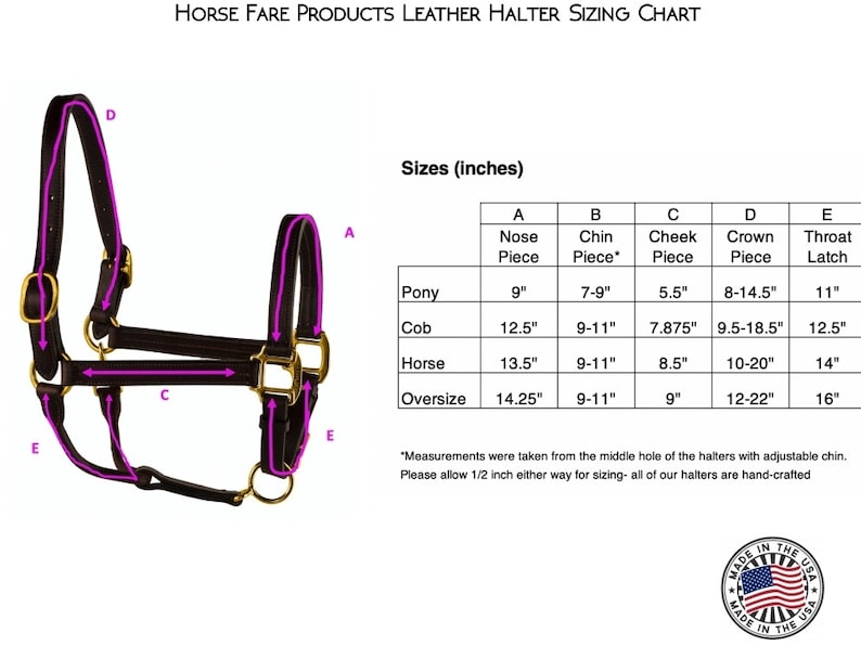 May include: A brown leather halter with gold fittings. The halter is labelled with measurements for different horse sizes: Pony, Cob, Horse, and Oversize. The measurements are in inches. The halter is made in the USA.