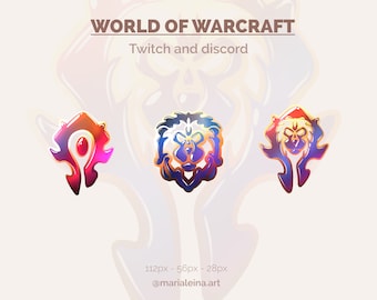 May include: Three colorful World of Warcraft logos, with a red, blue, and gold color scheme. The logos are for Twitch and Discord. The text "World of Warcraft" and "Twitch and discord" are at the top of the image.