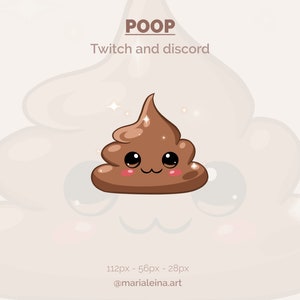 Puede incluir: Un emoji de caca marrón de dibujos animados con una cara sonriente y ojos brillantes. El texto "POOP" está encima del emoji, y el texto "Twitch and discord" está debajo del emoji. El texto "112px - 56px - 28px" y "@marialeina.art" están en la parte inferior de la imagen.