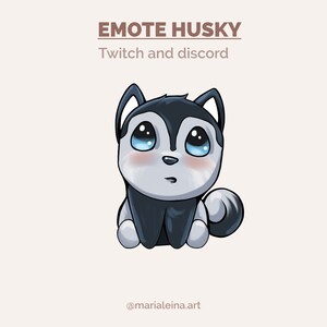 Op de afbeelding: Een cartoon husky met blauwe ogen en een verraste uitdrukking. De husky zit met zijn poten onder zijn lichaam en zijn staart gekruld achter hem. De achtergrond is lichtgrijs.