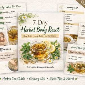 Könnte beinhalten: Eine Canva-Präsentation mit einem Leitfaden mit dem Titel "7-Day Herbal Body Reset" und Begleitkarten. Das Hauptbild zeigt eine Tasse Tee mit Zitrone und Kräutern. Weitere Karten: Einkaufsliste, Kräuterteeplan und Kräuterbadrezept.
