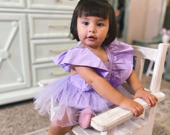 Ruffled tulle Summer Romper, purple baby girl romper , First Birthday Costume, tulle jumpsuit for Newborn and toddlers