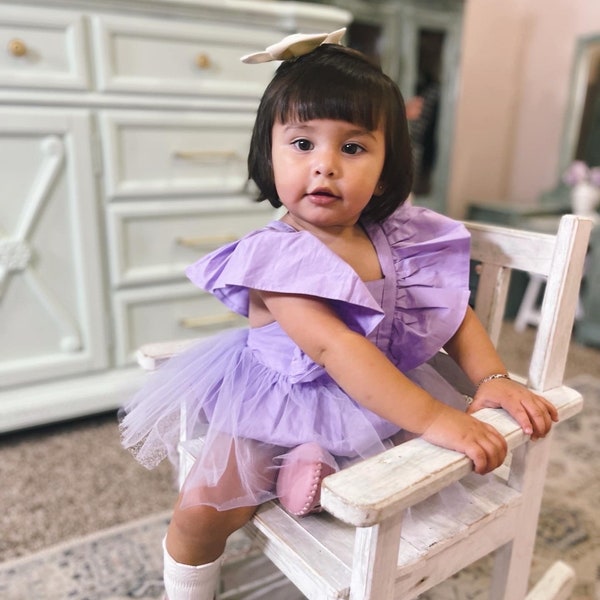 Ruffled tulle Summer Romper, purple baby girl romper , First Birthday Costume, tulle jumpsuit for Newborn and toddlers