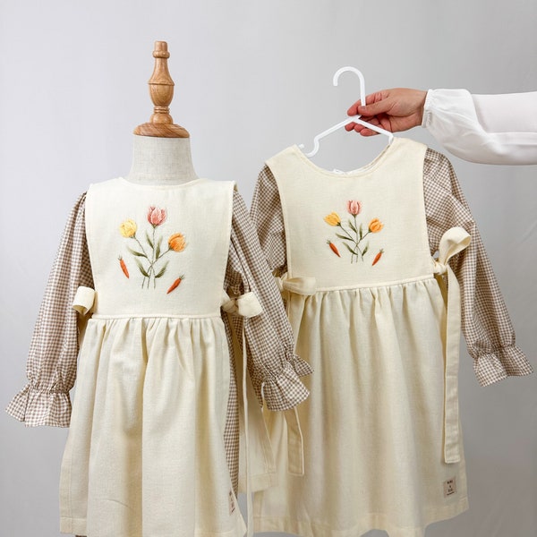Easter dress for little girls, toddler Easter dress, tulip embroidery dress, hand embroidered spring dress, pinafore dress