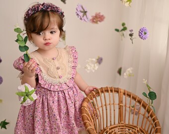 Vestido estilo vintage, vestido floral rosa para niña, vestido de verano para bebés, vestido de novia para niñas, vestido de cumpleaños para bebés, regalo para bebés