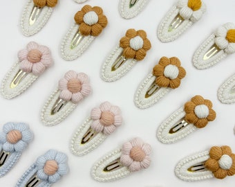 Crochet snap clips, floral snap clips, daisy hair clips, Baby Headband, floral neutral hair clips