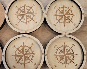 Nautical Compass Coasters - Laser-Engraved Baltic Birch Drink Coaster Set (4-24) w/ Cork Backing | Coastal, Beach & Lake House Décor