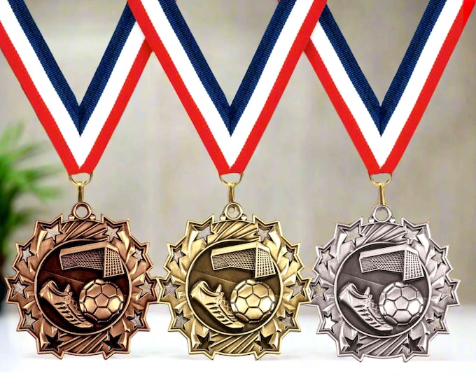 Personalized Soccer Team Medals, Soccer Player Medallions with Neck Ribbon, Soccer Player Award Medals for Players and Coaches