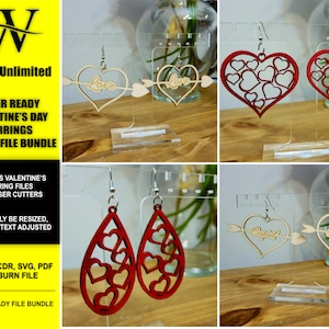 Valentine&#39;s Heart Earrings, Digital File Bundle for Laser Cutters, Glowforge Ready, Lightburn Files, SVG, AI, PDF Laser Cut File Bundle