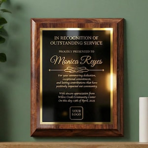 Placa de premio personalizada con acabado cerezo, regalo de reconocimiento, jubilación o agradecimiento a empleados, elegante placa de pared personalizada.