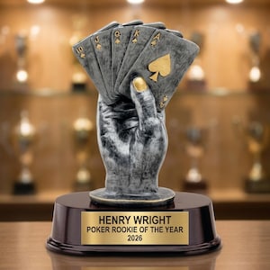 Personalized 9-inch poker trophy with custom laser-engraved gold nameplate on weighted base for awards and recognition