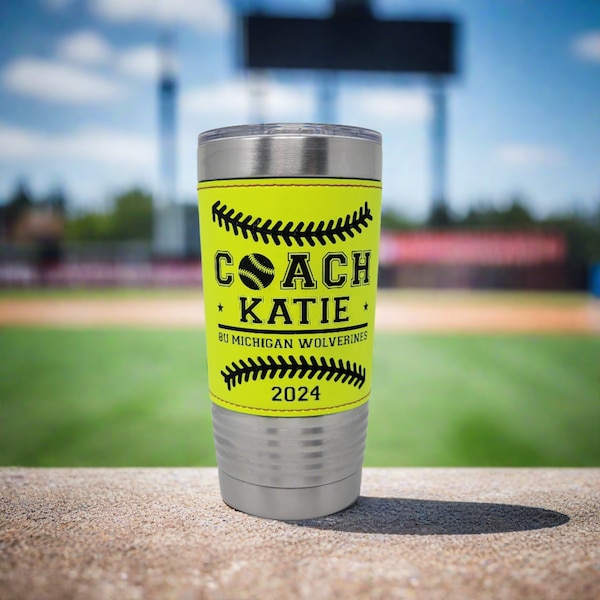 Personalized Softball Tumbler! Insulated Leatherette Tumbler with Softball Texture Gift For Coach! 20oz Softball Coach Gift!