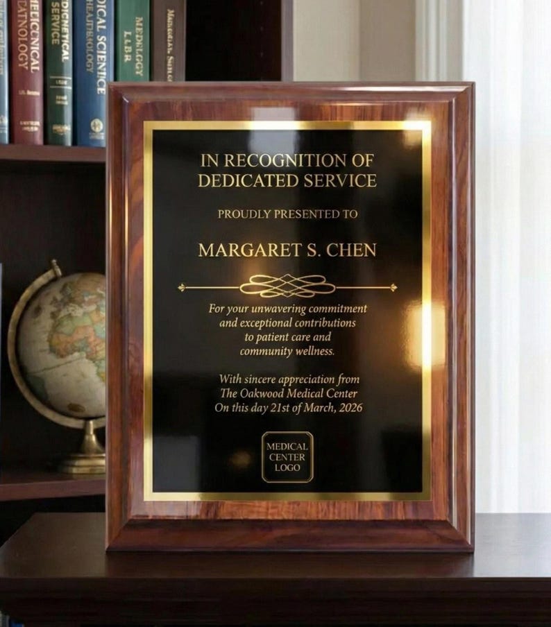 Cherry finish award plaque example — In Recognition of Dedicated Service, with custom recipient name and message.