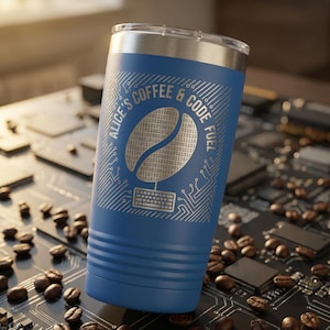 May include: A blue tumbler with a silver lid and a design that includes the text "ALICE'S COFFEE & CODE FUEL". The design features a coffee bean shape filled with binary code and a keyboard.