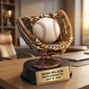 May include: A baseball trophy featuring a baseball glove holding a baseball with red stitching. The trophy sits on a black base with a gold plaque that reads "NOAH WILSON 500TH CAREER HIT JULY 10, 2025".