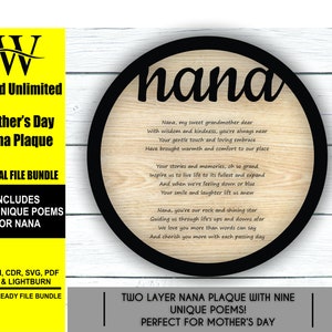 May include: Two-layer wood plaque with a black outline and the word "nana" in cursive. The plaque features a poem about a grandmother. The text reads: "Nana, my sweet grandmother dear, With wisdom and kindness, you're always near. Your gentle touch and loving embrace, Have brought warmth and comfort to our place. Your stories and memories, oh so grand, Inspire us to live life to its fullest and expand. And when we're feeling down or blue, Your smile and laughter lift us anew. Nana, you're our rock and shining star, Guiding us through life's ups and downs afar. We love you more than words can say, And cherish you more with each passing day."