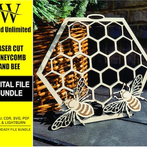 Honeycomb and Bee - Digital File Bundle for Laser Cutters - SVG, AI, Lightburn, PDF - Glowforge Ready