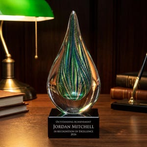 Gepersonaliseerde 7" Emerald Gold Raindrop Art Glass Award - op maat gegraveerd - Trophy Champion Pensioen Corporate Recognition Gift