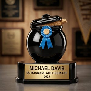 May include: A black chili cook-off trophy with a lid and a blue ribbon. The base has a gold plaque that reads "MICHAEL DAVIS OUTSTANDING CHILI COOK-OFF 2025."