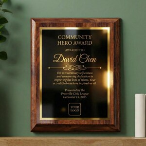 Personalized cherry finish award plaque example — Community Hero Award engraved with custom name and dedication.