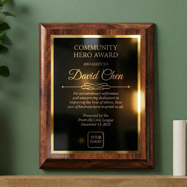 Personalized cherry finish award plaque example — Community Hero Award engraved with custom name and dedication.