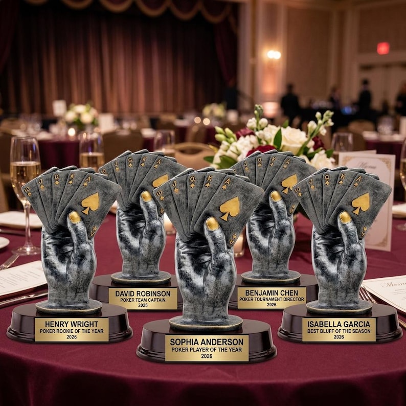 Poker trophy banquet display with multiple personalized awards featuring custom laser engraving