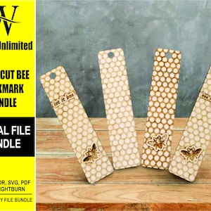 Könnte beinhalten: Vier lasergeschnittene Holz-Lesezeichen mit einem Wabenmuster und Bienen-Designs. Die Lesezeichen zeigen den Text "let it bee" und "bee happy".