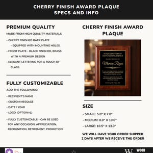 Cherry finish award plaque specs and info: premium quality, sizes available (small 5x7, medium 8x10, large 10.5x13), fully customizable, ships in 2 business days after proof approval.