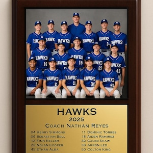 May include: A framed team photo of the "Hawks" baseball team, featuring a group of young men in blue uniforms. The photo includes the team's name, year, coach, and player roster on a gold-colored plaque.