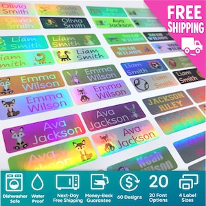 Custom Holographic School Name Labels | Full Color, Dishwasher Safe, Personalized Waterproof Name Stickers for Daycare, School & More!