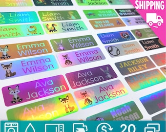 Custom Holographic School Name Labels - Full Color Dishwasher Safe Waterproof Name Stickers for Daycare & School