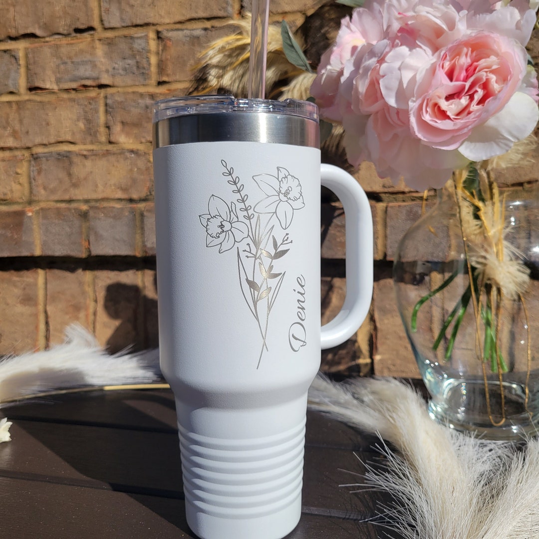 Personalized 40oz Birth Flower Travel Mug Personalized Birth Flower Coffee Cup With Name