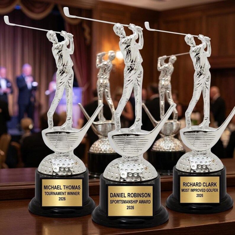 Golf Awards Banquet Display — Multiple personalized golf trophies for Golf tournaments, Championships, League awards, and Corporate golf outings, perfect for Golf tournament organizers group recognition events