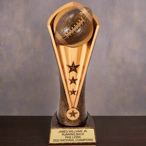 May include: A gold-colored trophy with a football on top. The trophy has a black base with a plaque that reads "JAMES WILLIAMS JR. RUNNING BACK PHS LIONS 2024 NATIONAL CHAMPIONS".