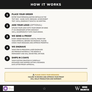 How it works in 5 steps: place your order, add your logo (optional), we send a digital proof for approval, we engrave, ships in 2 business days. Approve your proof promptly to avoid delays.