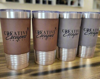Custom Leather Logo Tumbler – 20oz Personalized Insulated Mug for Corporate Gifts, Groomsmen, and More