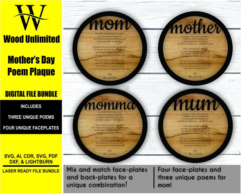 Laser Cut Digital File Bundle, Mother's Day Gift, Glowforge Files, Mother's Day Laser Cut File Download, Mum, Mom, Mother, Momma
