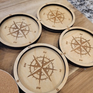 Nautical Compass Coasters - Laser-Engraved Baltic Birch Drink Coaster Set (4-24) w/ Cork Backing | Coastal, Beach & Lake House Décor