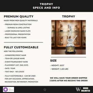 Golf Trophy Specifications — A silver-colored male golfer figure in mid-swing, holding a golf club, standing atop a golf club head and a go. Premium resin with custom laser engraved gold name plate, dimensions and material details for Personalized golf trophy buyers