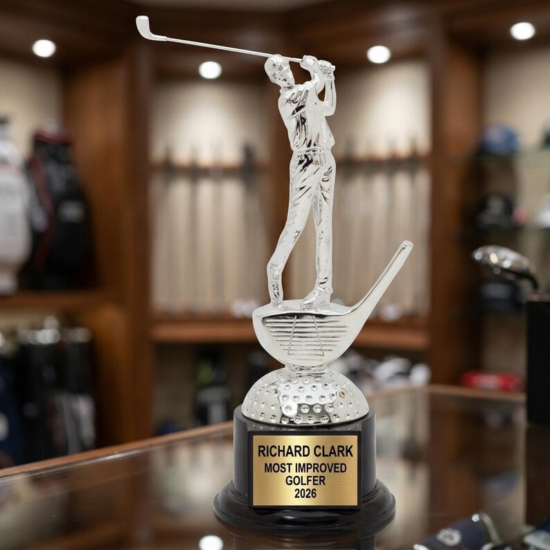 Engraved golf trophy for corporate event | Personalized Custom engraved golf award for Corporate event planners and Charity event organizers, custom laser engraved gold name plate ideal for Charity golf events